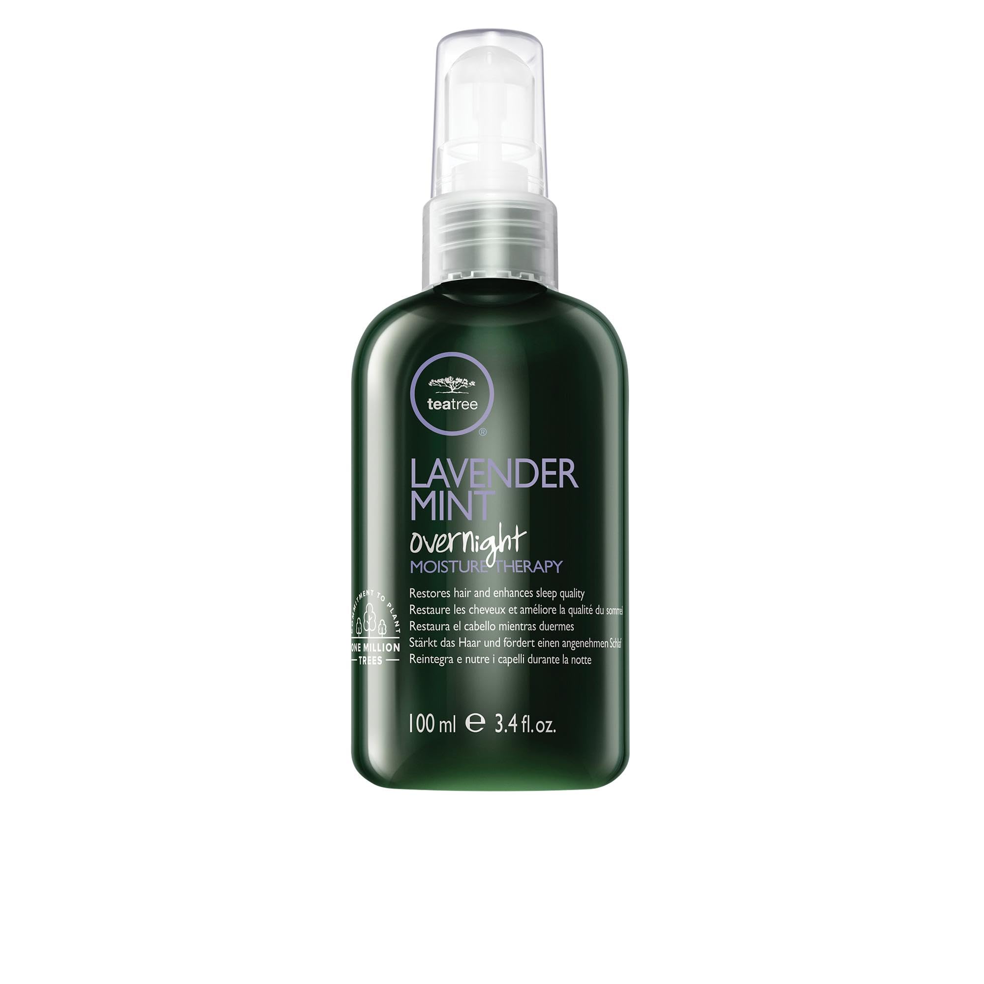 Tea Tree Lavender Mint Overnight bottle pour demonstrates easy nightly hydration for dry hair