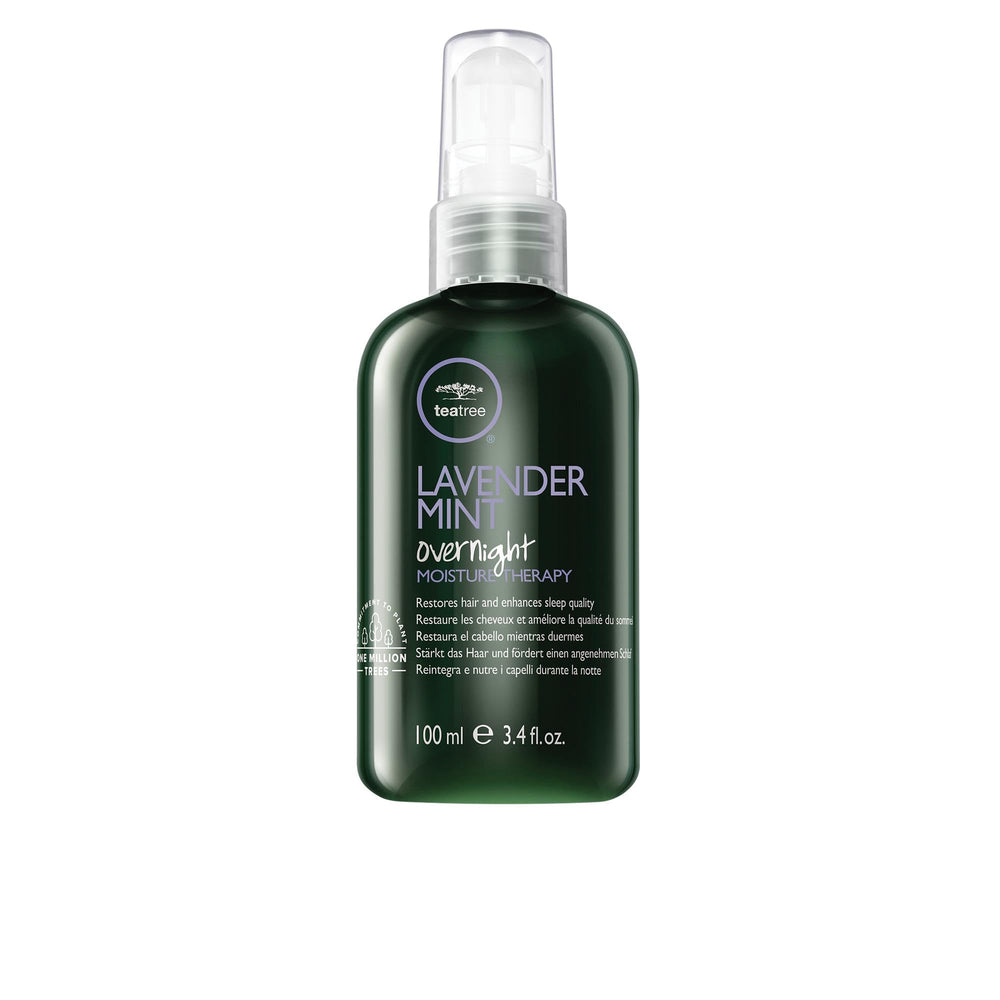 Tea Tree Lavender Mint Overnight bottle pour demonstrates easy nightly hydration for dry hair