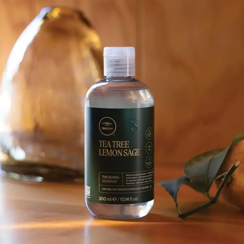 Tea Tree Lemon Sage Thickening Shampoo close-up on fine hair shows lightweight body.
