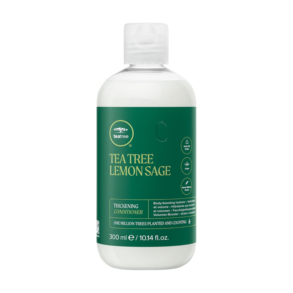 Tea Tree Lemon Sage thickening conditioner bottle boosts lightweight volume.