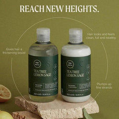 Tea Tree Lemon Sage label closeup highlighting citrus boost and volume formula