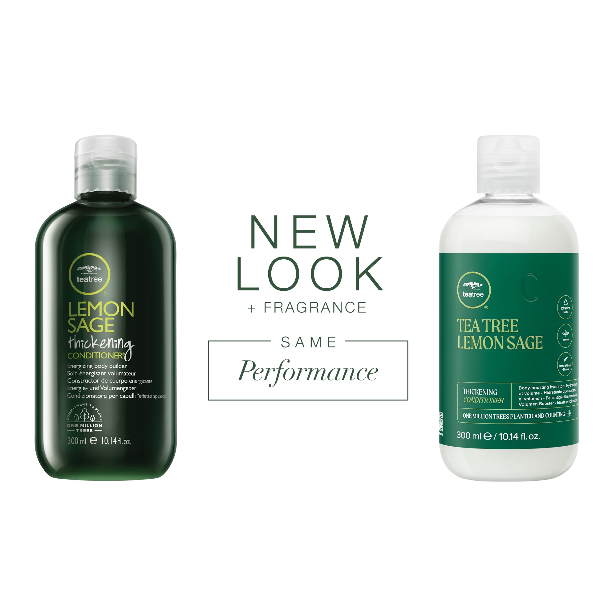 Tea Tree Lemon Sage thickening conditioner pump dispenses citrus volume.