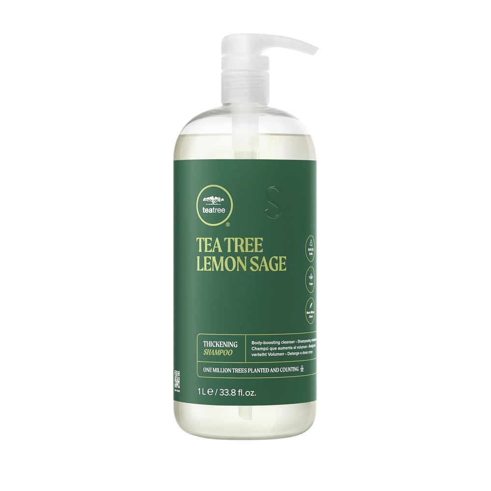 Tea Tree Lemon Sage Thickening Shampoo bottle-front highlights volume boost for fine hair.