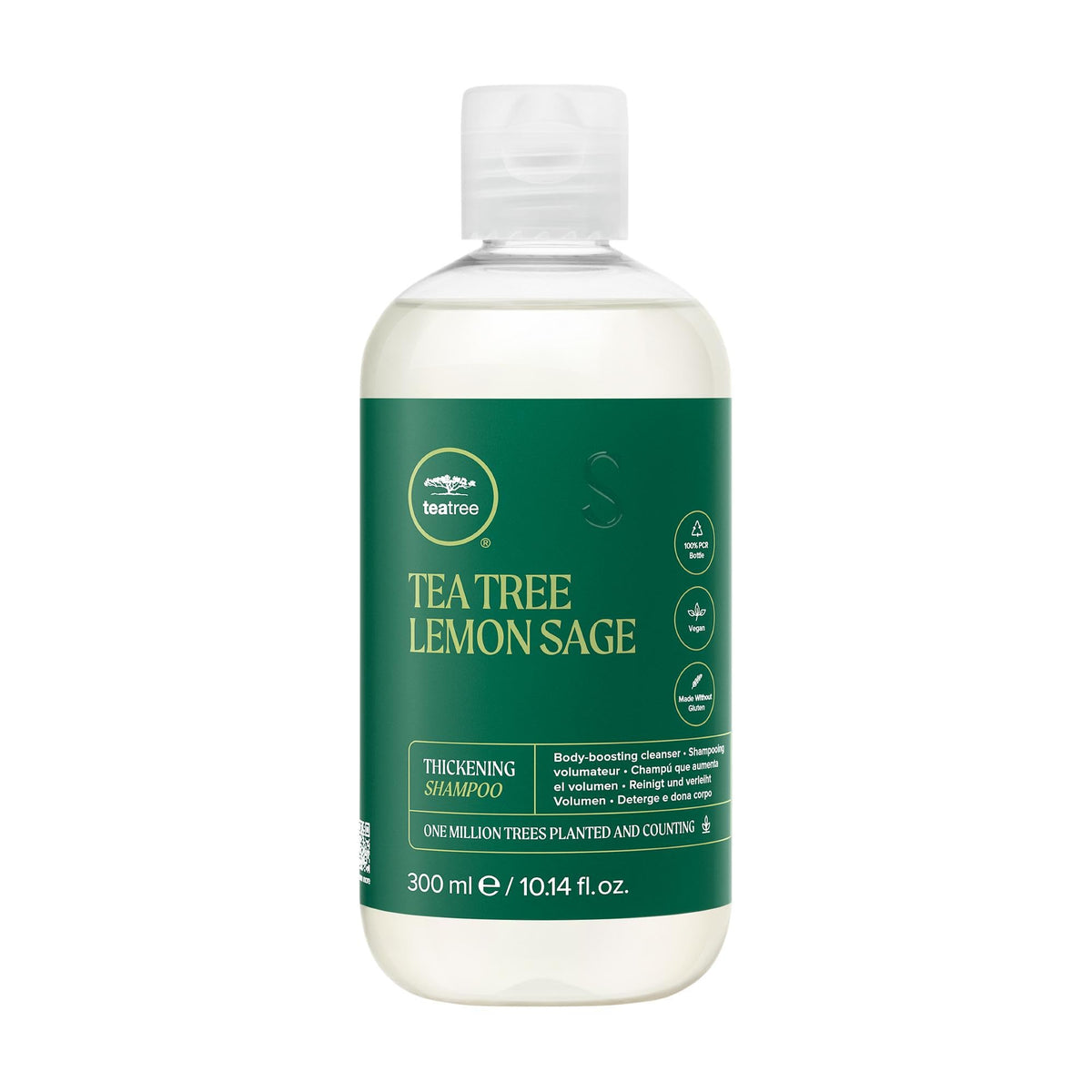 Tea Tree Lemon Sage Thickening Shampoo bottle shows lift for fine hair