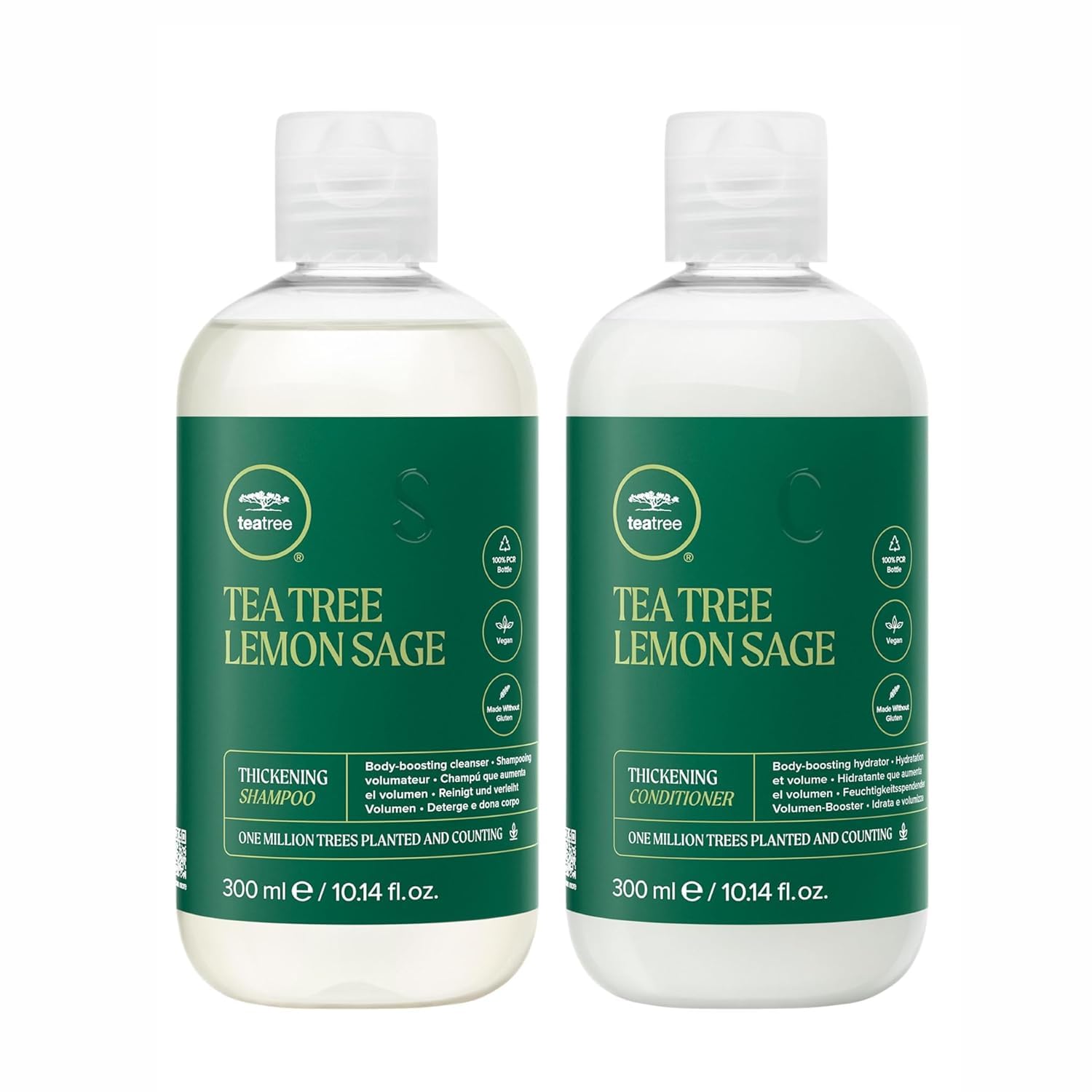 Tea Tree Lemon Sage Thickening Shampoo bottle boosts volume for fine hair.