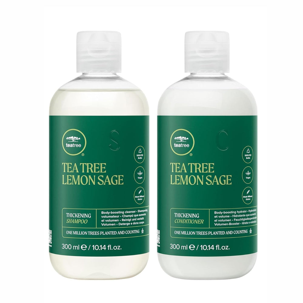 Tea Tree Lemon Sage Thickening Shampoo bottle boosts volume for fine hair.