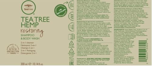 Tea Tree Restoring Shampoo packaging-makeover hints at eco-friendly update and consistent performance.
