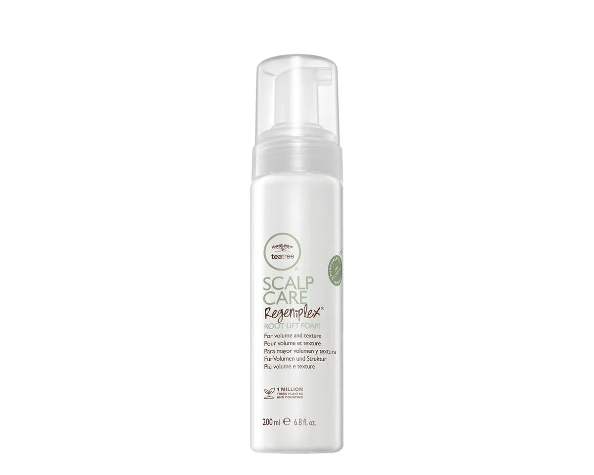 Tea Tree Scalp Care Regeniplex Root Lift Foam bottle shows root-lift action for volume.
