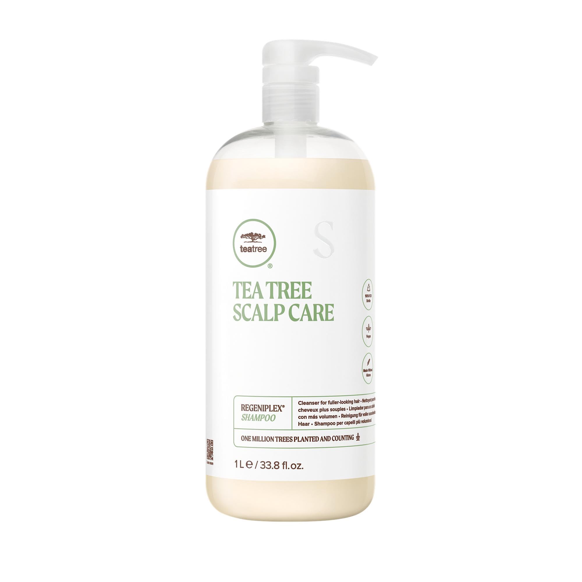 Tea Tree Regeniplex Shampoo bottle on sink highlights color-safe thinning hair benefits