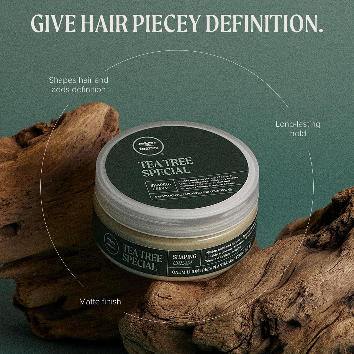 Tea Tree Shaping Cream hands illustrate mesh fibers defining texture and separation