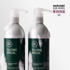 Tea Tree Special aluminum bottle tingling closeup highlights invigorating scalp tingle