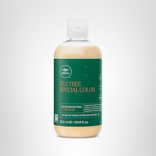 Tea Tree Special Color Conditioner bottle on shelf beside color-treated hair