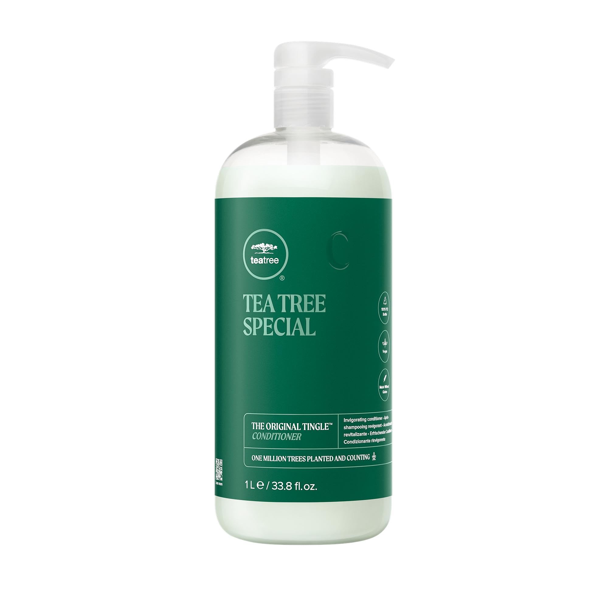 Tea Tree Special Conditioner bottle tingling for hair detangling and refreshing scalp.