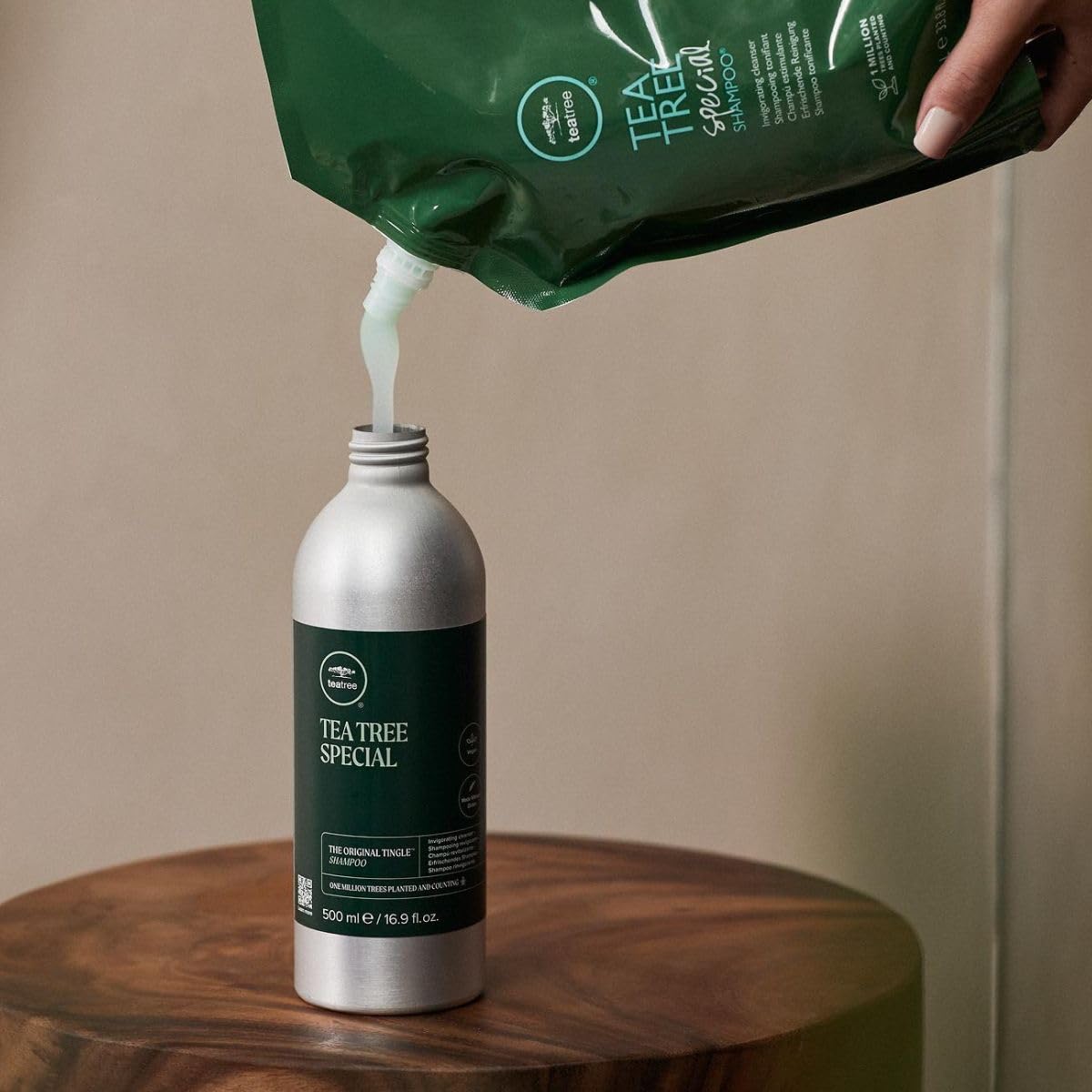 Tea Tree Special liter refill pouch highlights eco-friendly refill option reduces waste