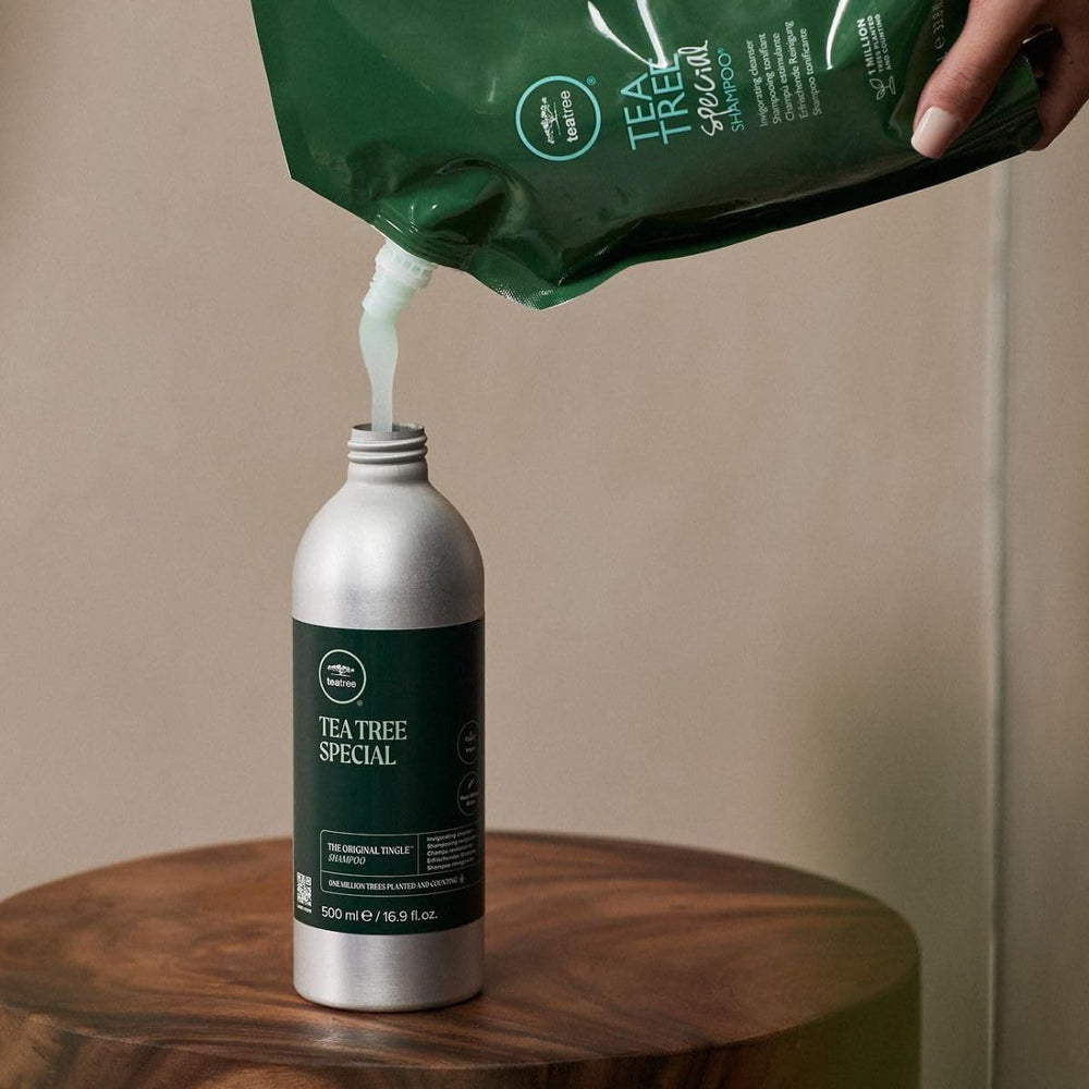 Tea Tree Special liter refill pouch highlights eco-friendly refill option reduces waste