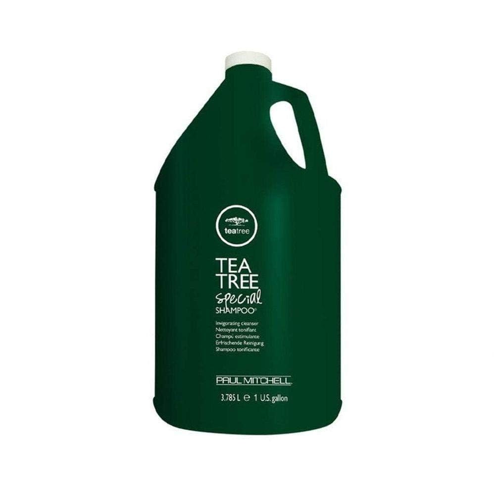 Tea Tree Special Shampoo label closeup shows lasting luster and vitality.