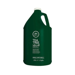 Tea Tree Special Shampoo label closeup shows lasting luster and vitality.