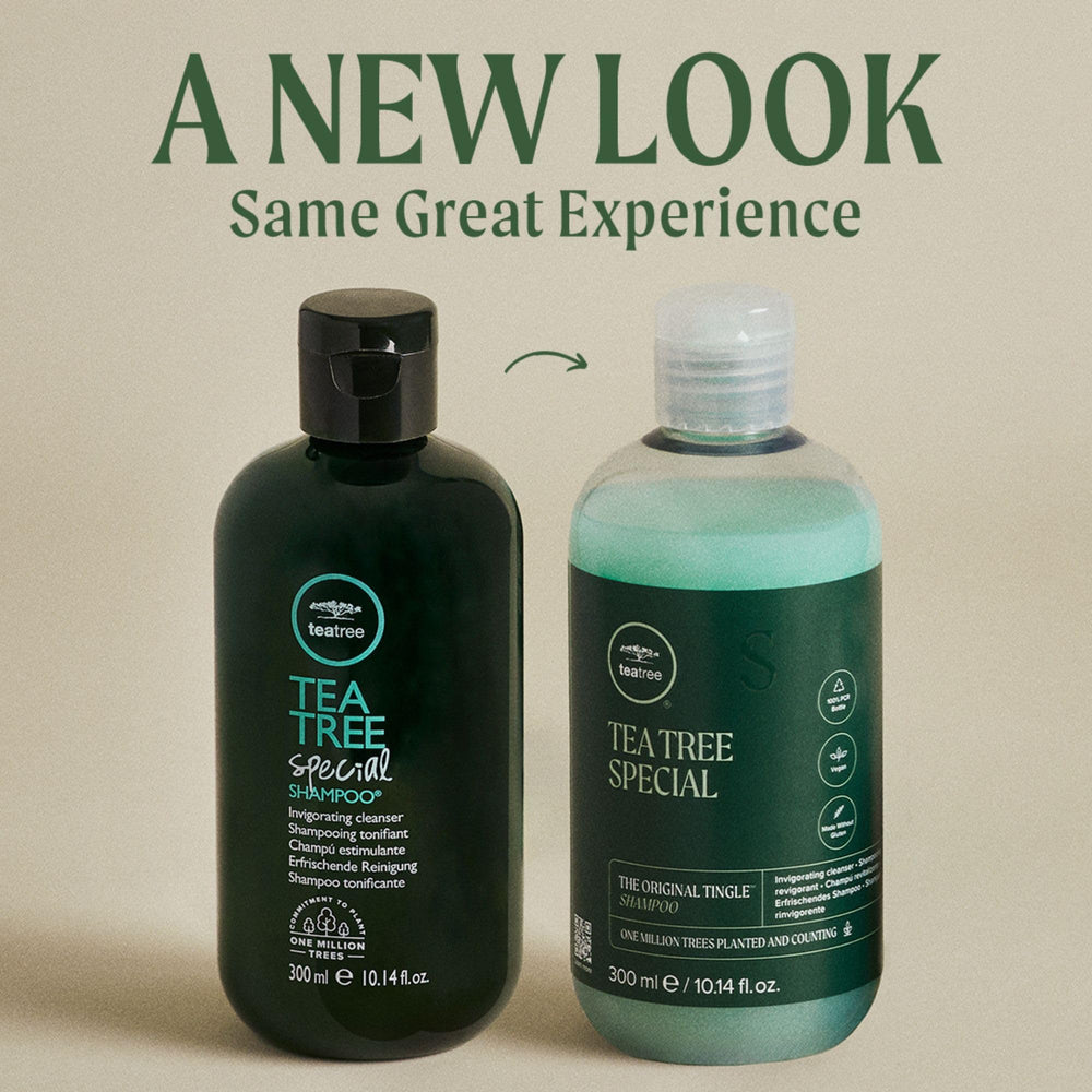 Tea Tree Special Shampoo bottle back with ingredients and usage notes for all hair types