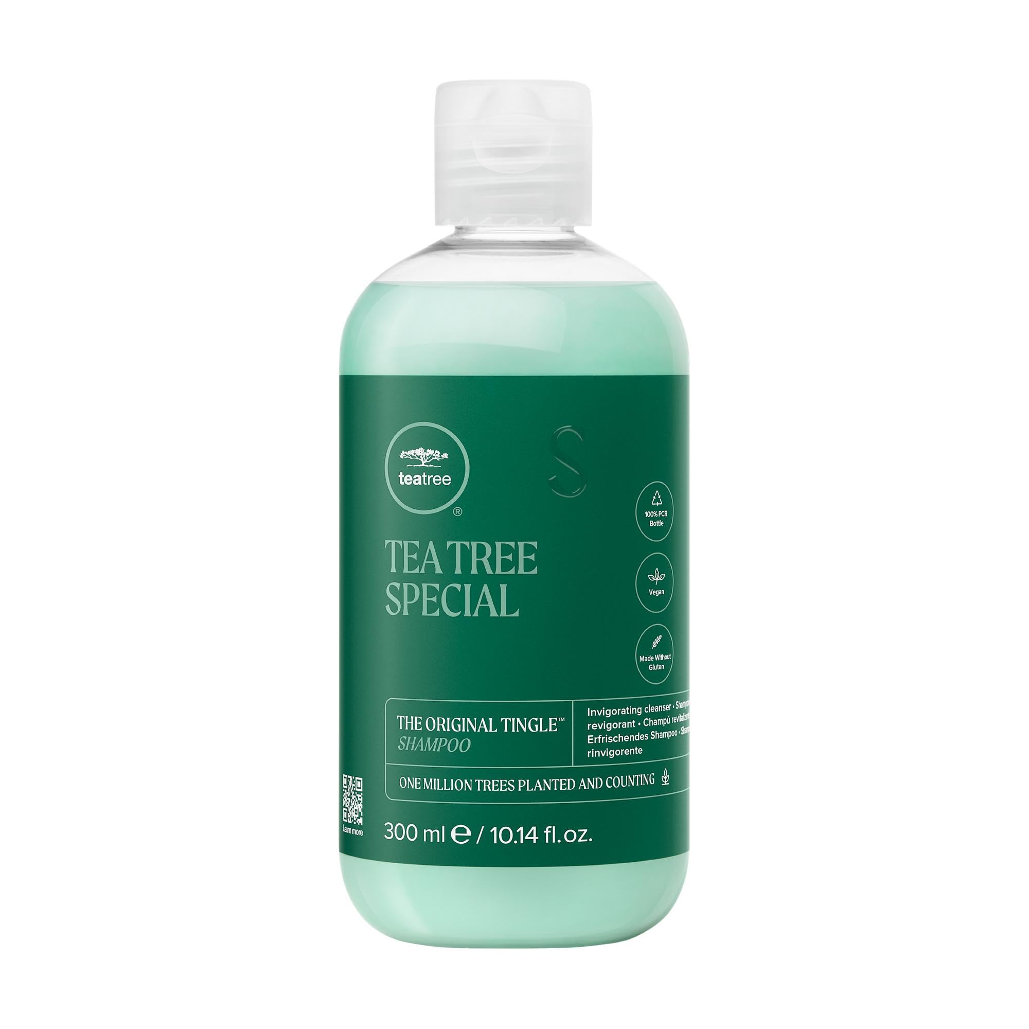 Tea Tree Special Shampoo bottle front highlighting invigorating tingle for scalp refreshment