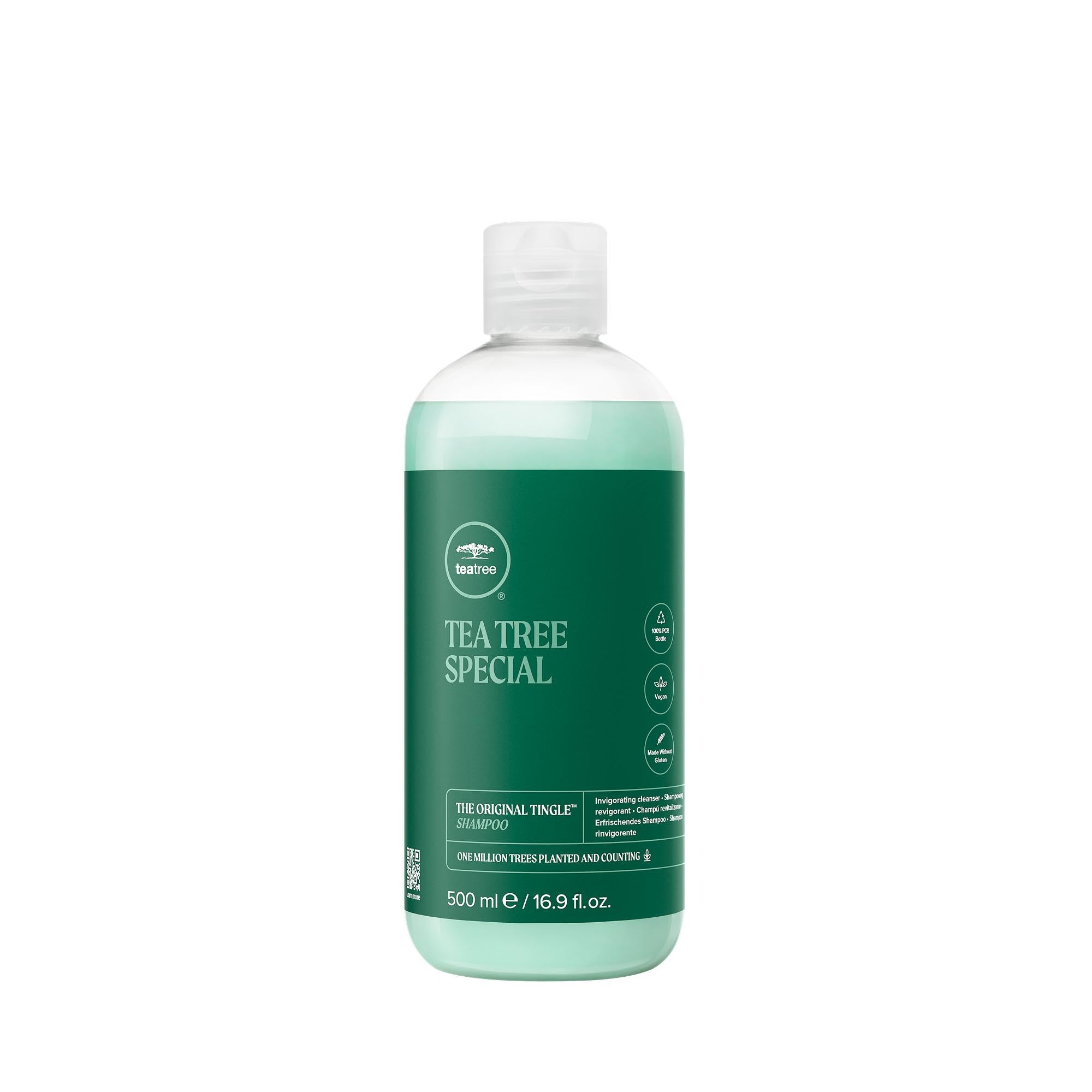 Tea Tree Special Shampoo bottle demonstrates invigorating scalp care.