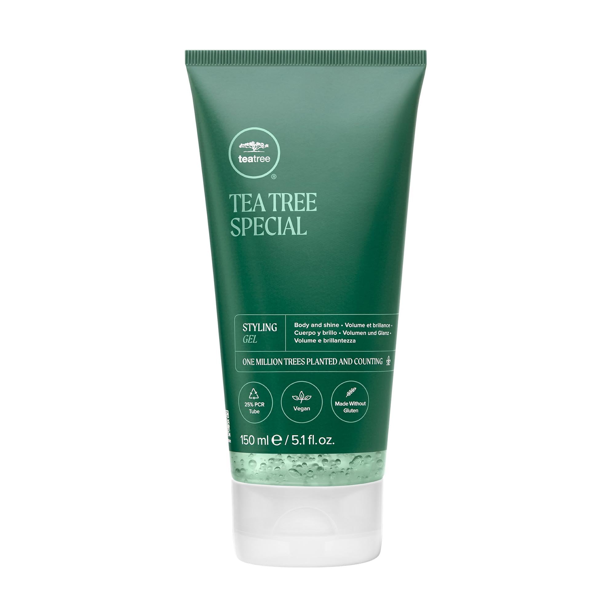 Tea Tree Styling Gel bottle front shows medium hold and high shine for all hair types