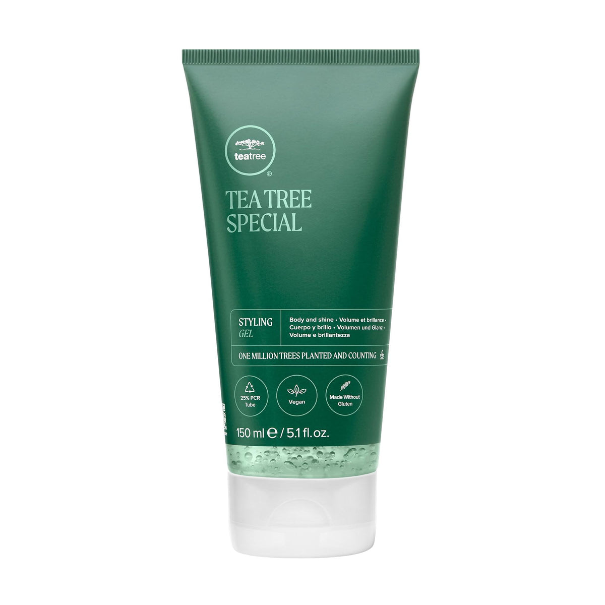 Tea Tree Styling Gel bottle front shows medium hold and high shine for all hair types