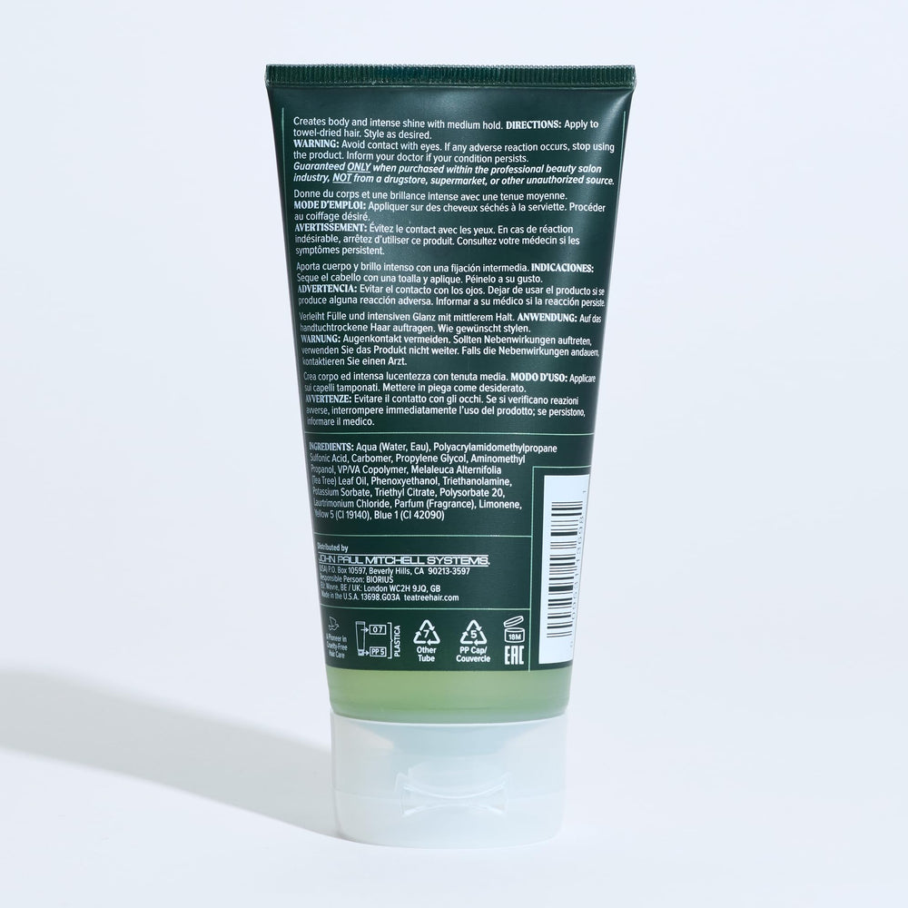 Tea Tree Styling Gel close-up highlights shine and botanical scent