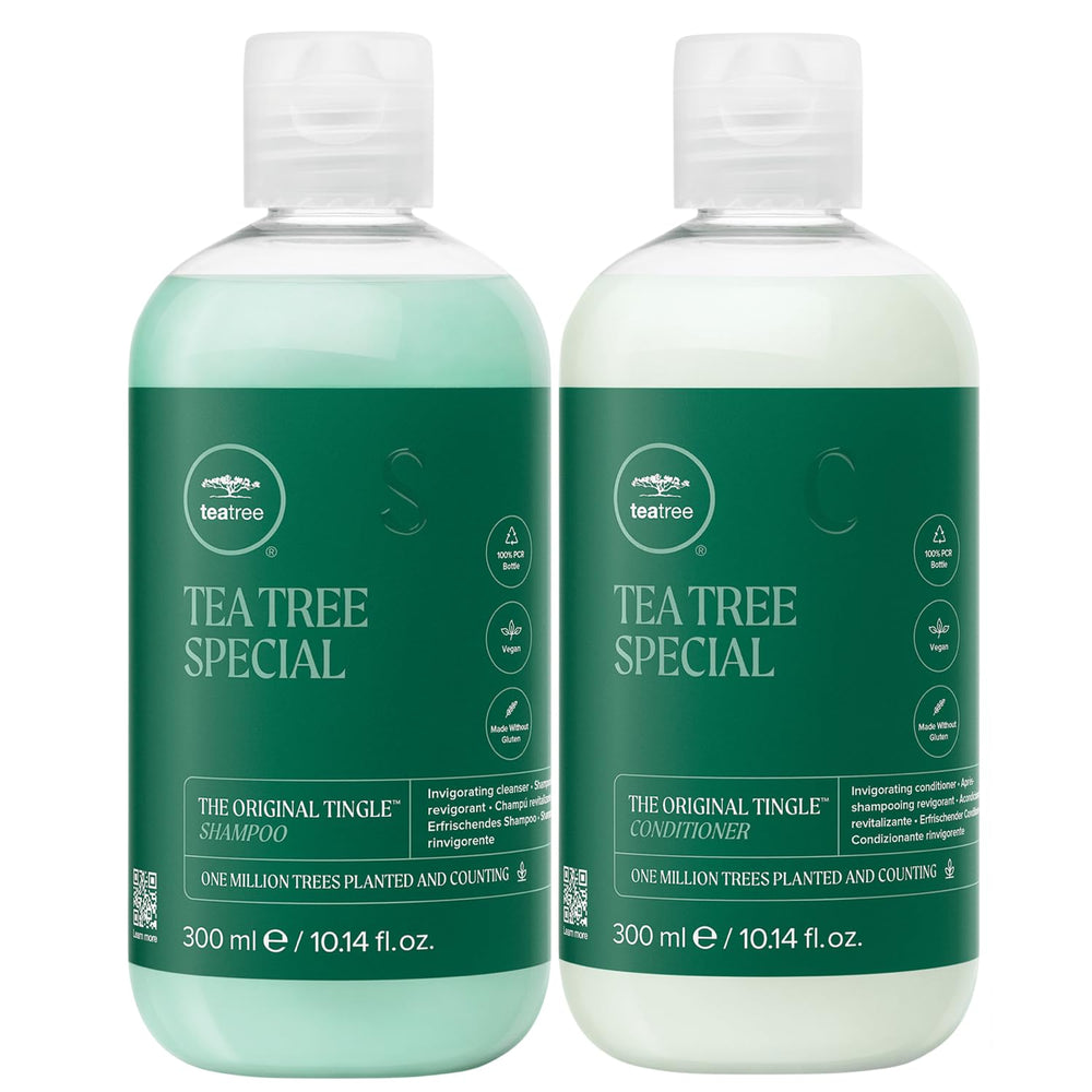 Tea Tree Holiday Gift Set packaging box highlights invigorating botanicals for refreshed hair.
