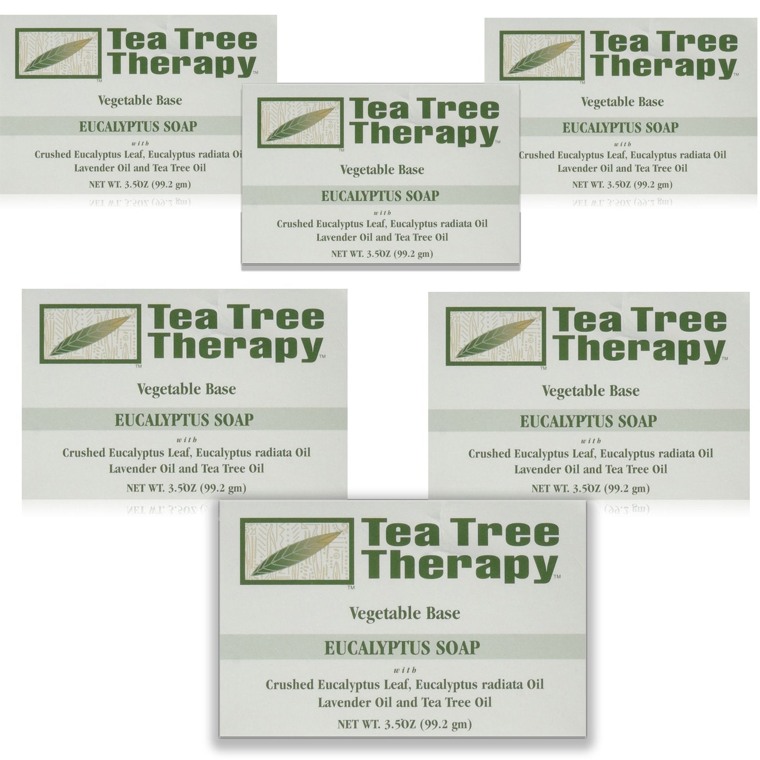Tea Tree Therapy bar soap with eucalyptus packaging showcases vegan formula for gentle cleansing.
