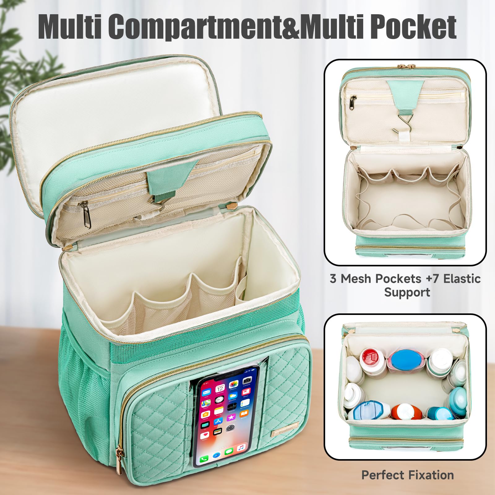 Tealari bag with gold-plated zippers for smooth, durable opening.