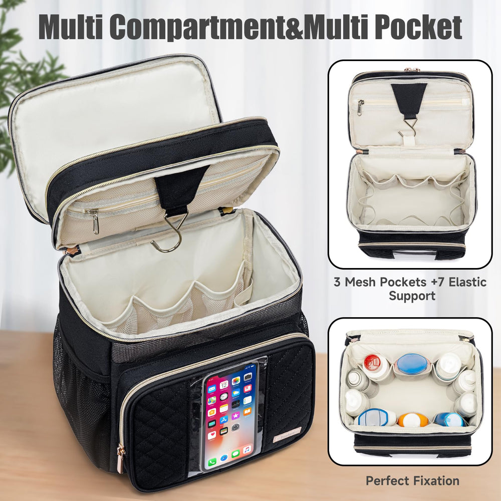 Tealari bag offers three main compartments and eight pockets for toiletries.