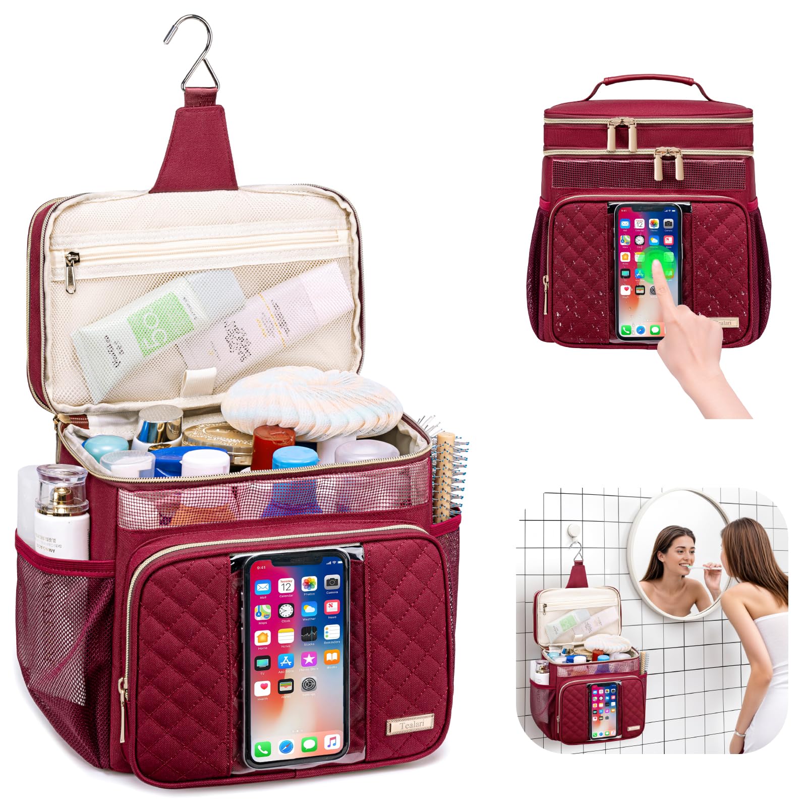 Tealari bag showing three compartments and eight pockets for neat packing on trips.