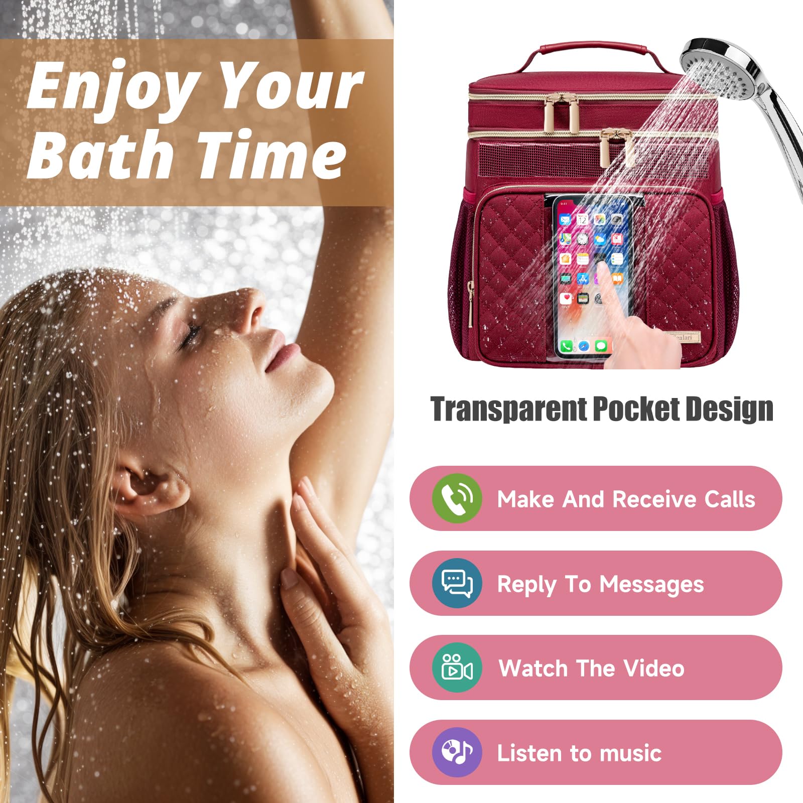 Tealari bag features a transparent waterproof phone pocket for on-the-go calls and media.