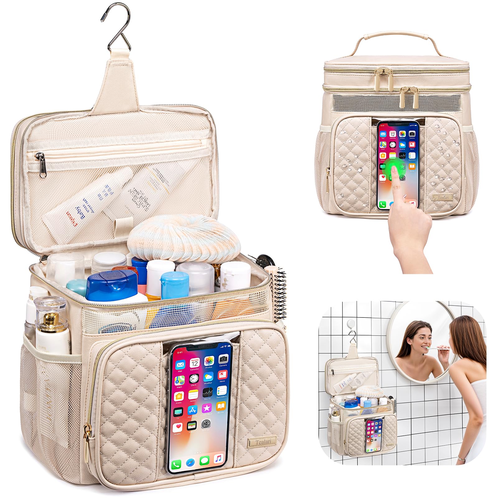 Tealari leather shower bag opening easy access to cosmetics on the go