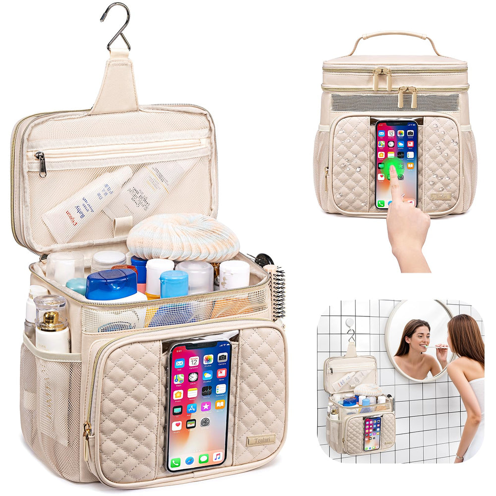 Tealari leather shower bag opening easy access to cosmetics on the go