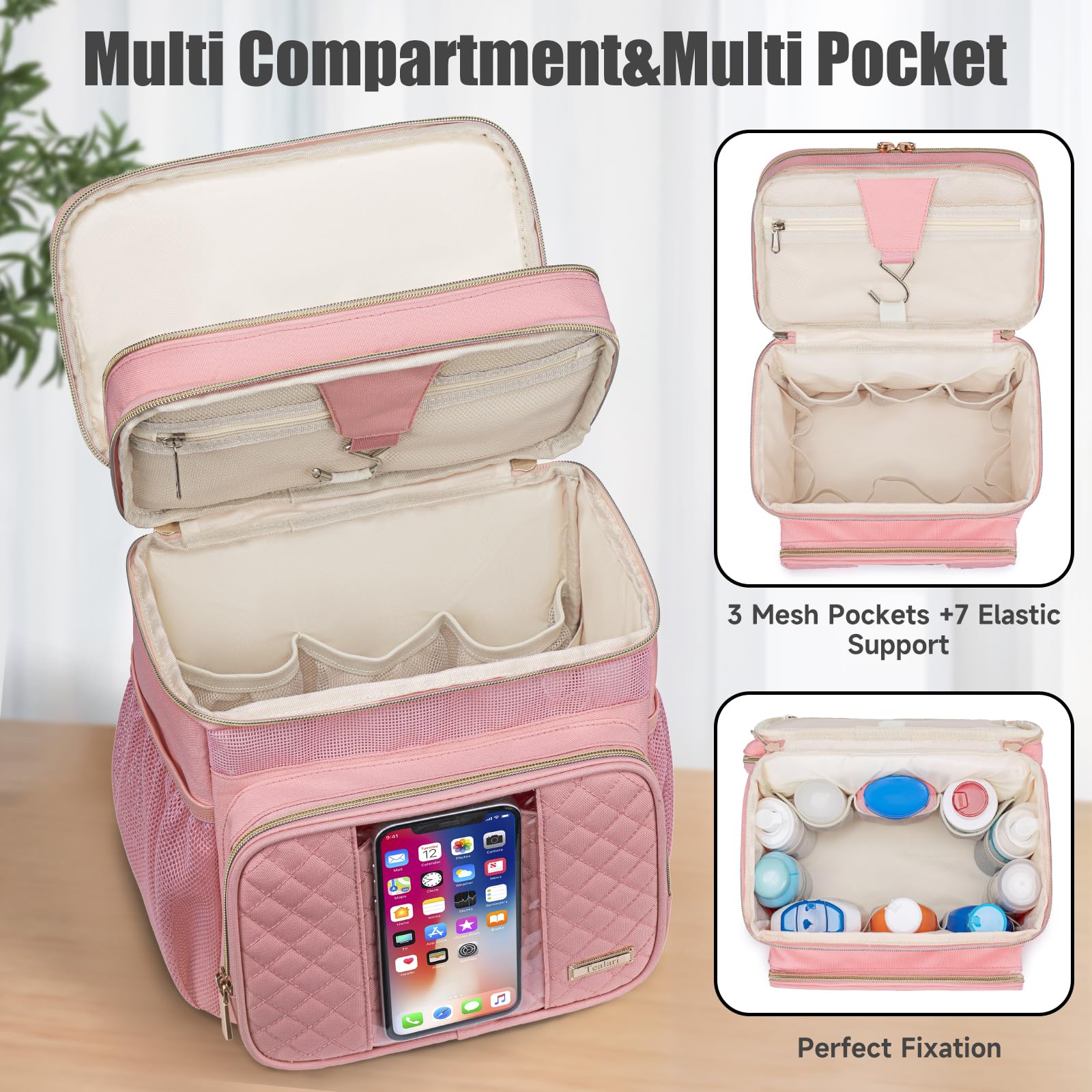 Tealari multi-compartment storage keeps cosmetics organized and upright during travel.