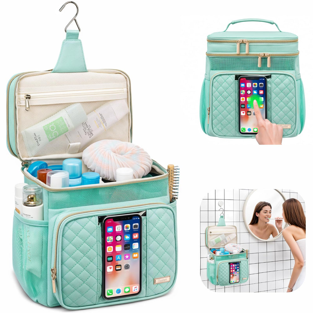 Tealari toiletry bag with multiple pockets for cosmetics and toiletries.