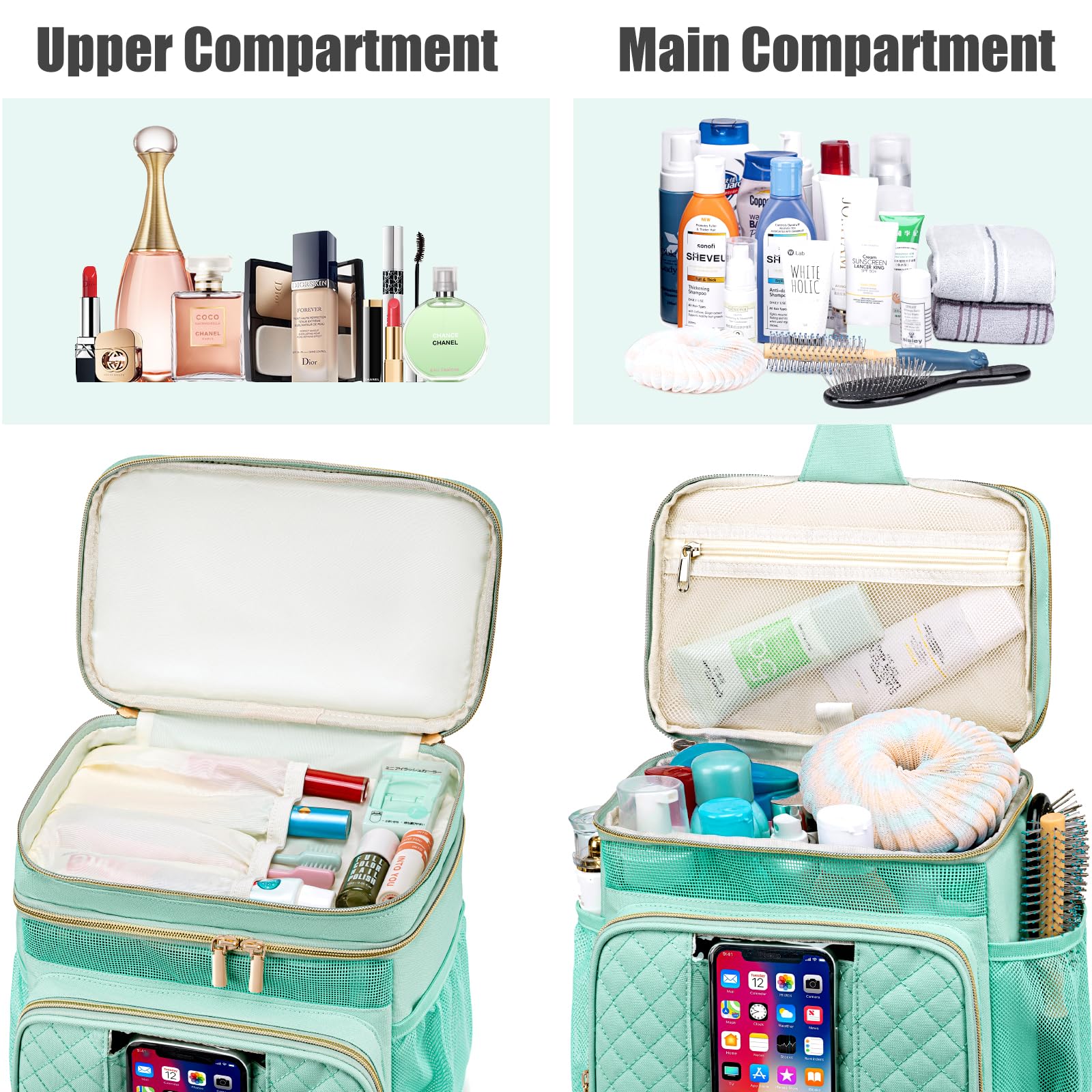 Tealari wide opening design for easy access to full-size toiletries.