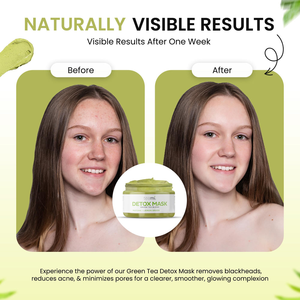 Teami Detox Face Mask alongside spa-like routine suggests hydration balance after clay treatment.
