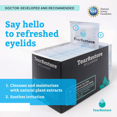 TearRestore eyelid wipes 30-count packaging is ideal for daily eyelid hygiene.