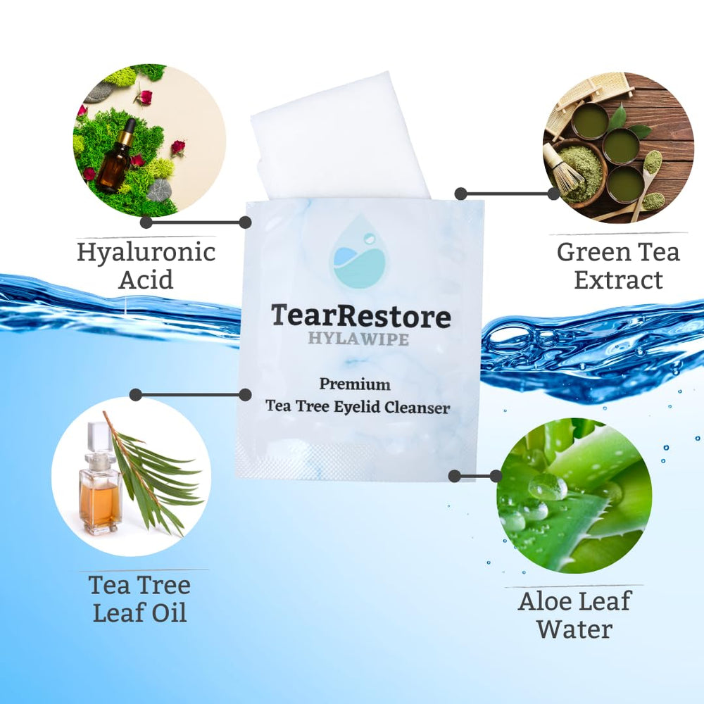 TearRestore HylaWipe wipe close-up texture shows gentle cleansing for sensitive eyelids.