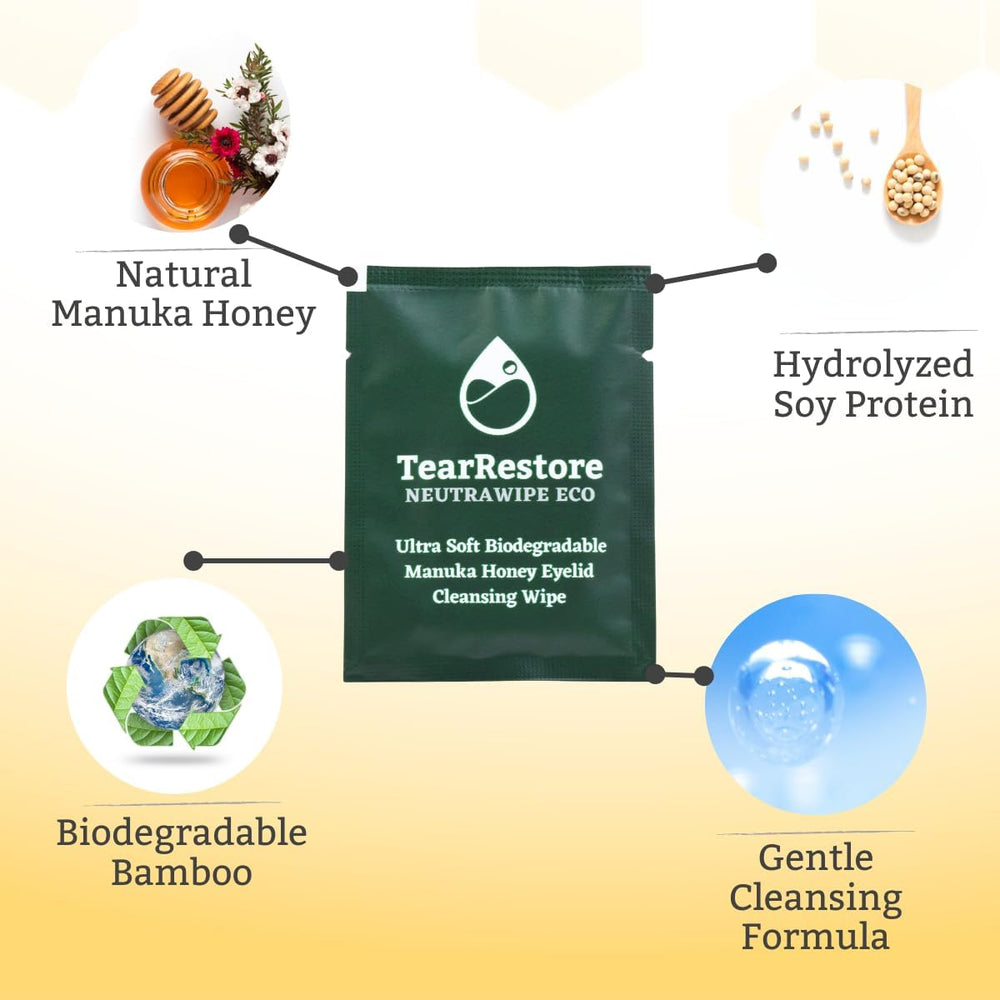 TearRestore NeutraWipe bamboo lid-scrubs highlight eco-friendly, ultra-soft eyelid cleansing.