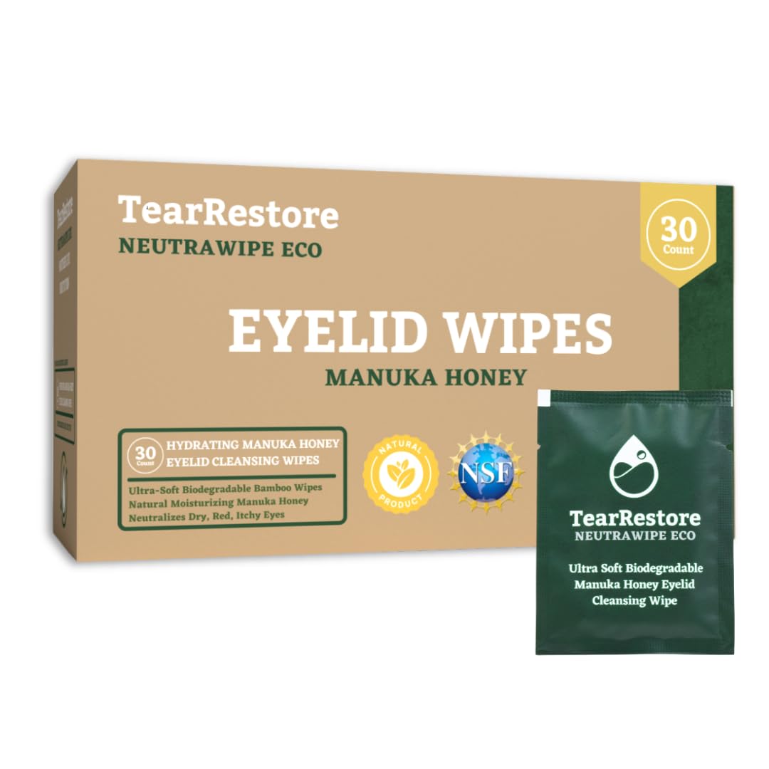 TearRestore NeutraWipe packaging shows a 30-count box for daily eyelid hygiene.