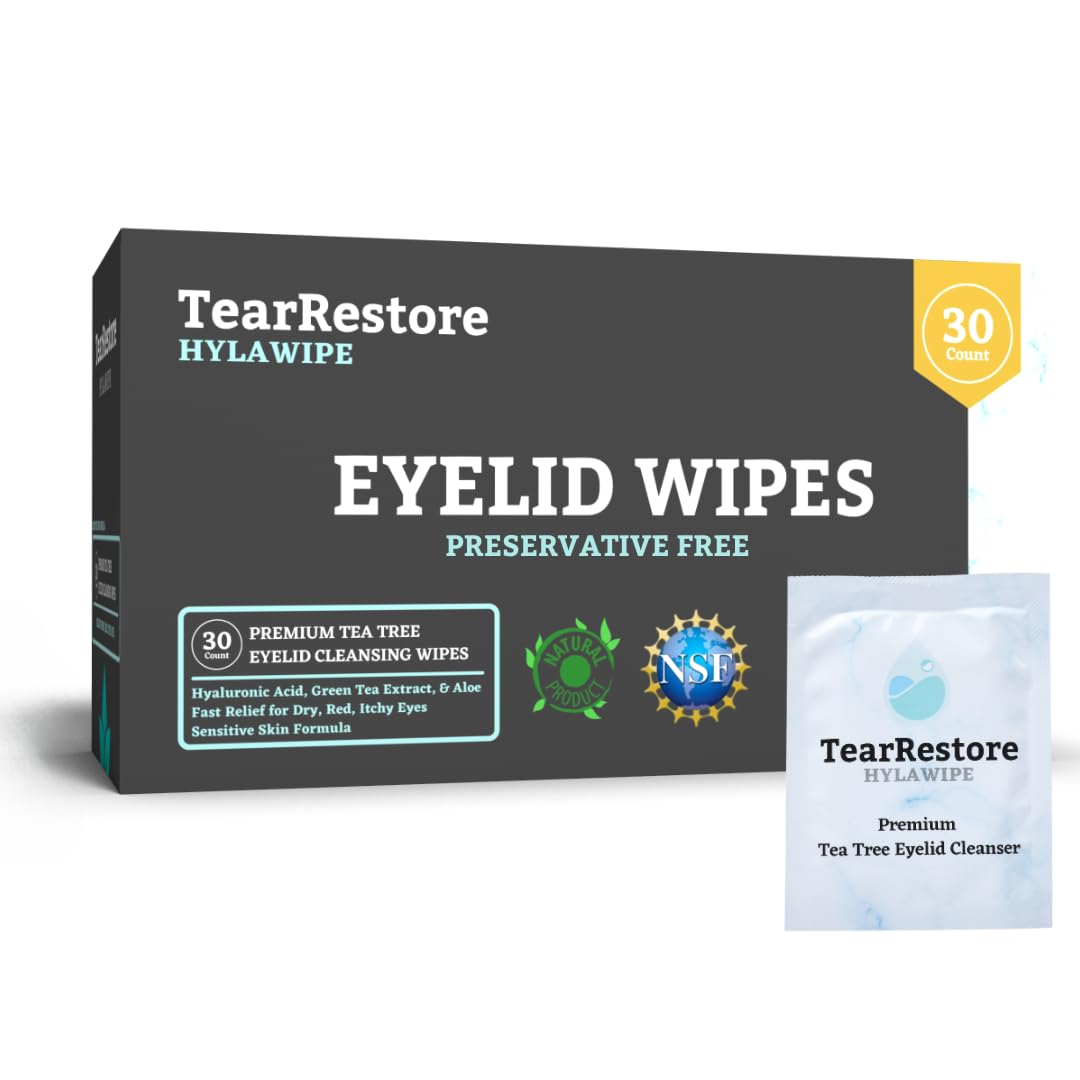 TearRestore Tea Tree HylaWipe bottle close-up demonstrates refreshing lid cleansing.