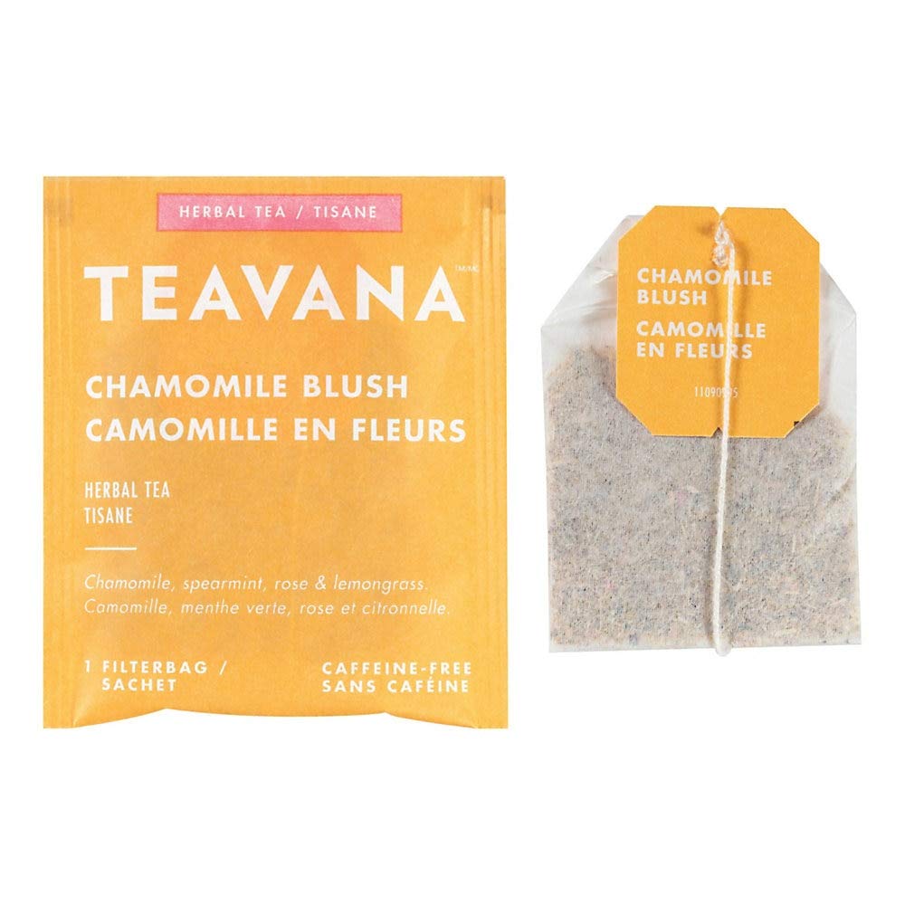 Teavana Chamomile Blush con sobres de té listos para infusionar, pausa reconfortante.