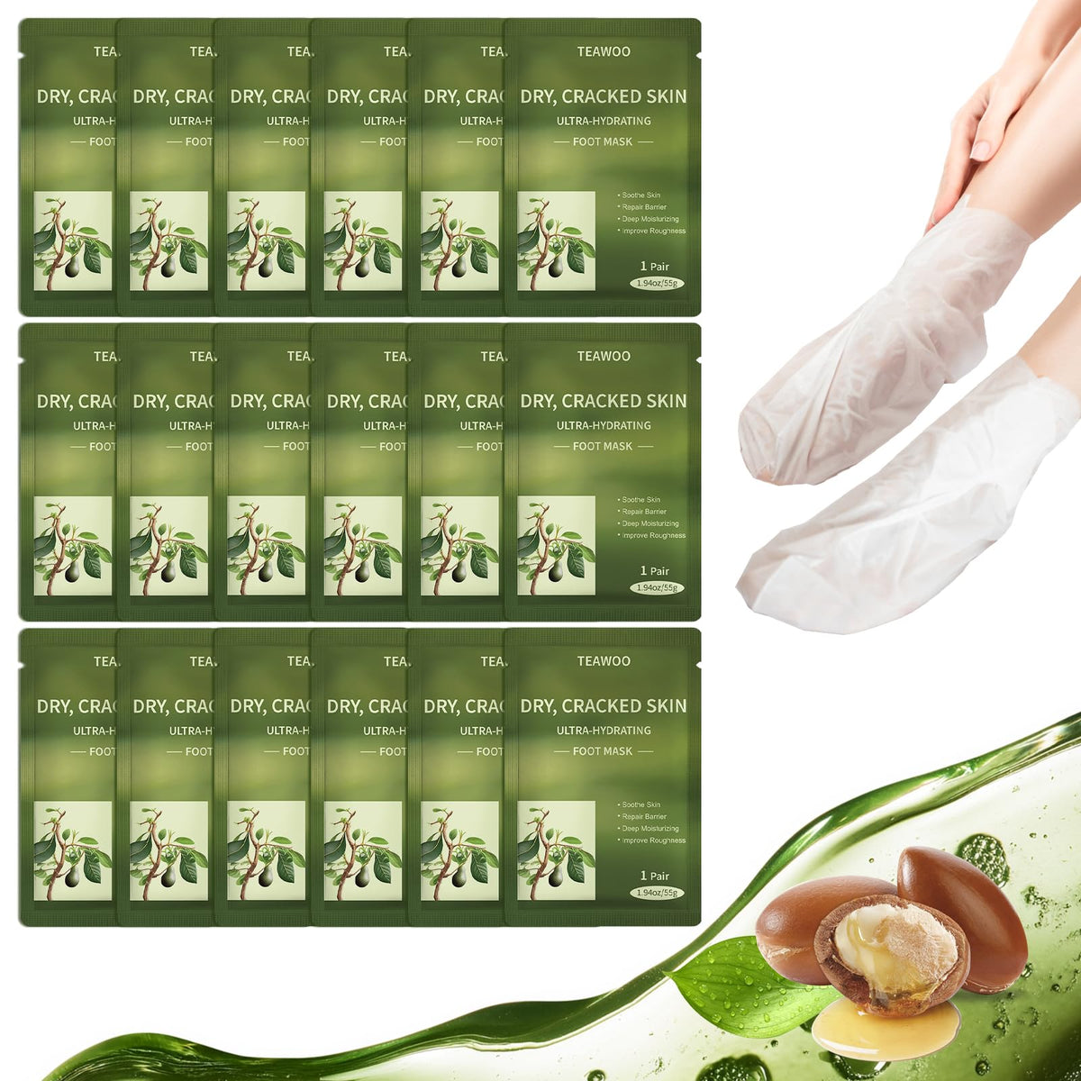 TEAWOO foot masks packaging highlights premium ingredients and hydration benefits