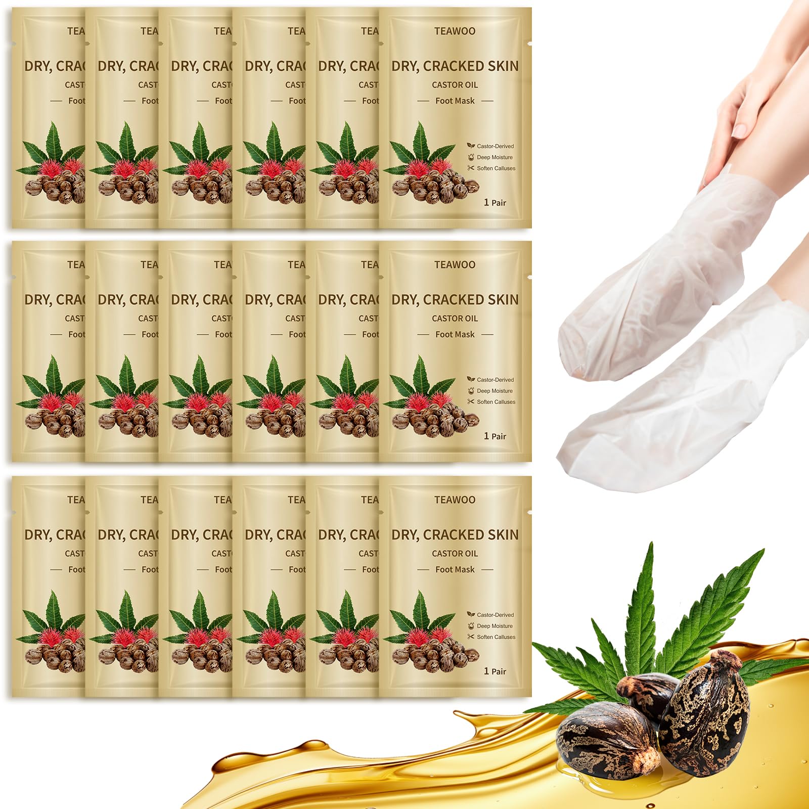 TEAWOO foot mask packaging highlights clinical hydration for dry, cracked feet.