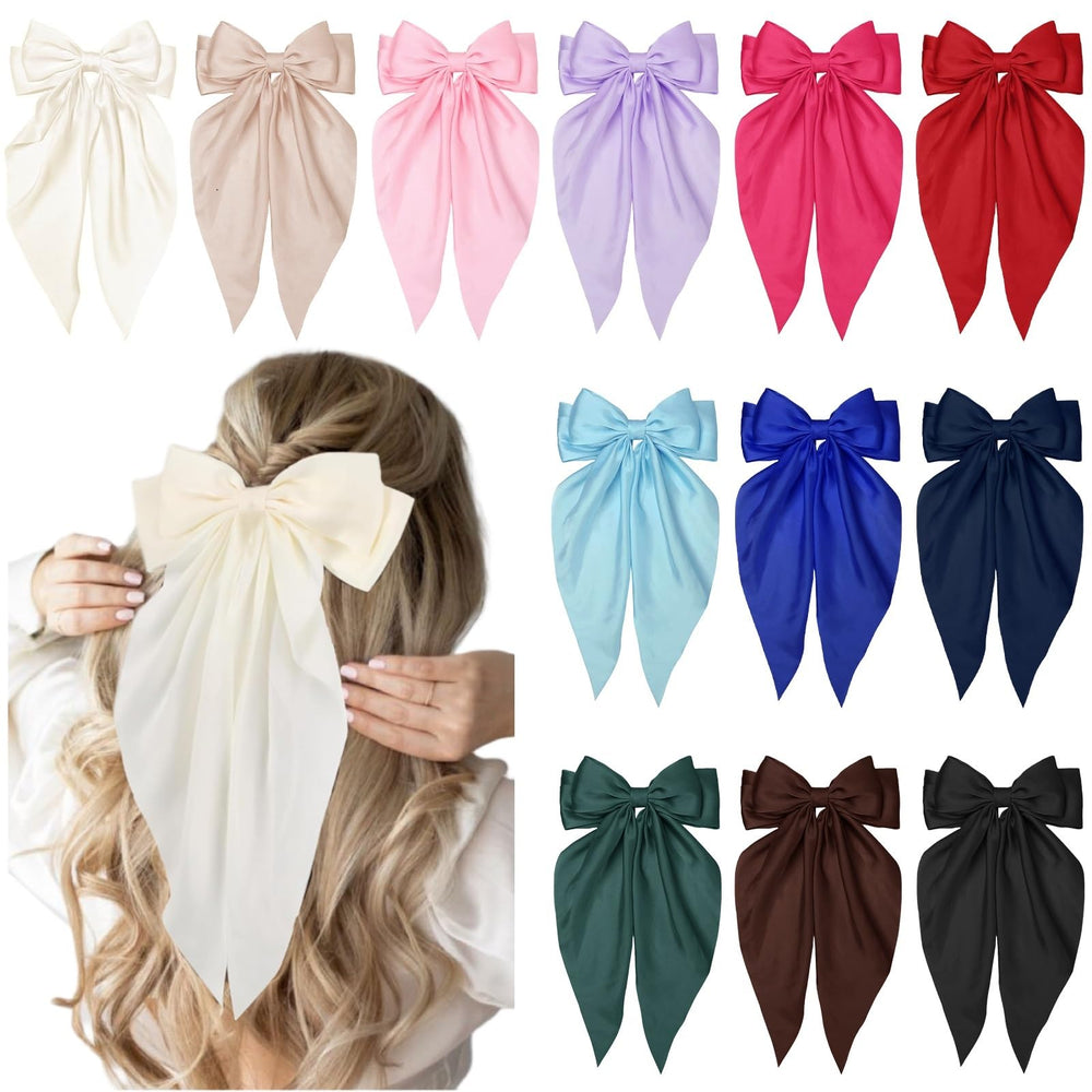 TEBIEKOY 12-pack satin hair bows displayed for versatile daily styling.