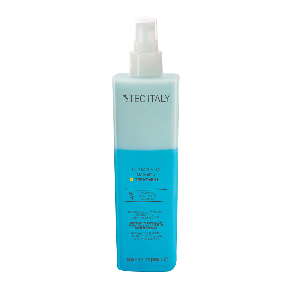 Tec Italy Due Faccetta Massimo bottle showing hydro-nourishing treatment that hydrates, smooths, and protects hair