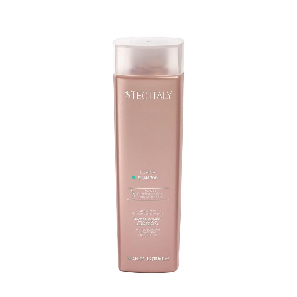 Tec Italy Lumina Purple Shampoo bottle pour shows toning action for bleached hair.